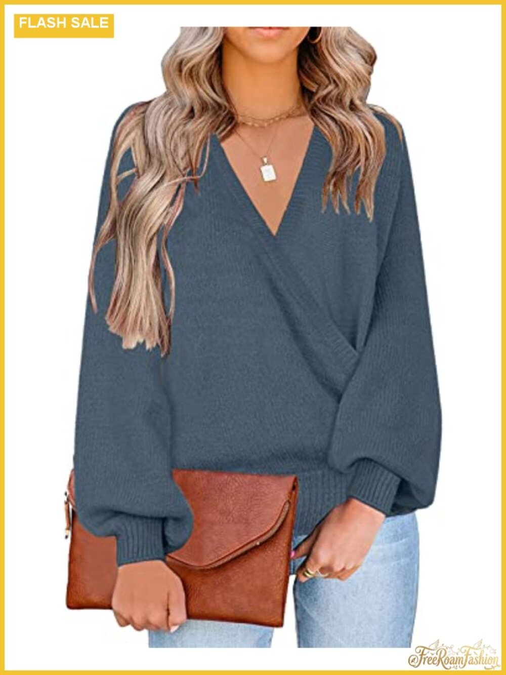 Faux Wrap Surplice V Neck Knit Sweater Puff Sleeve Pullover